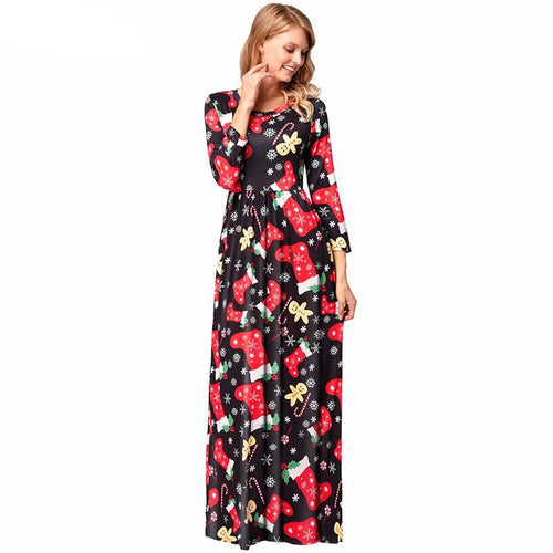 Christmas Floral Print Half Sleeve Tunic Long Maxi Dress